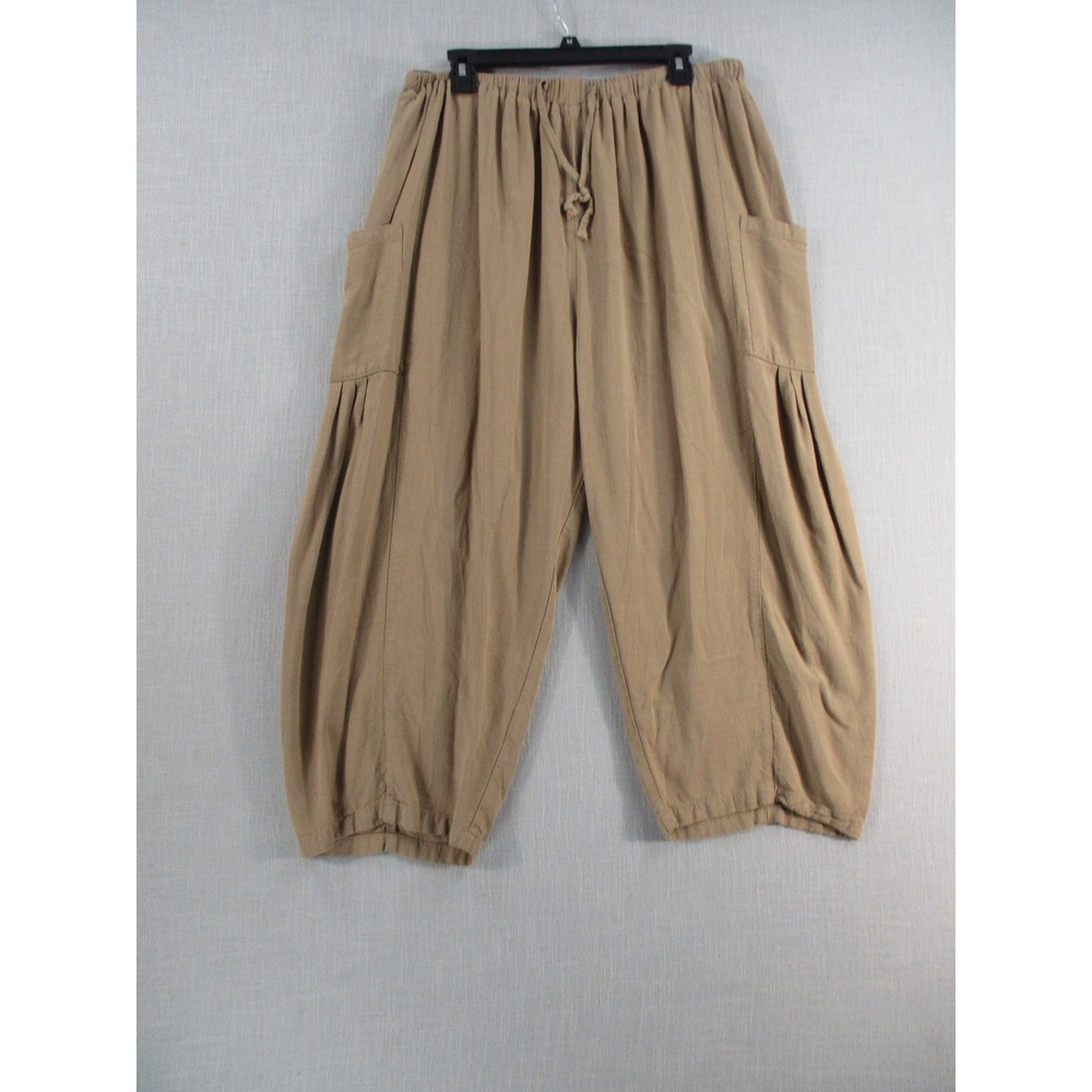 Lagenlook Harem Pants Tan Khaki Elastic Waist Wide Leg Cropped Boho Trousers XL - Picture 7 of 12